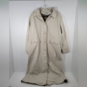Vintage LL Bean Cream Tan Plaid Wool Lined Long Chore Duster Coat Women Sz Large